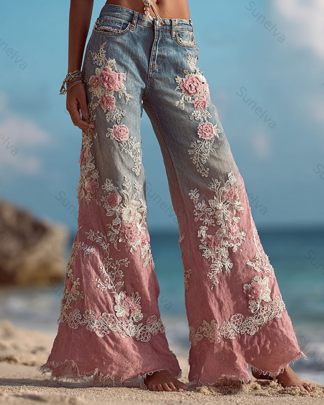 Women's Outdoor Fashion Floral Embroidery Color Block Gradient Denim Linen Pants 8803