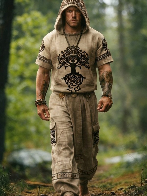 Men's Vintage Nordic Viking-Style Tree of Life Embroidered Short-Sleeve Hoodie & Pants Two-Piece Set 6918
