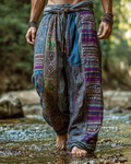 Men's Casual Ethnic Stitching Printed Linen Pants e1b8