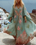 Women's Vacation Flowers Embroidery Linen Patchwork Dress 3517