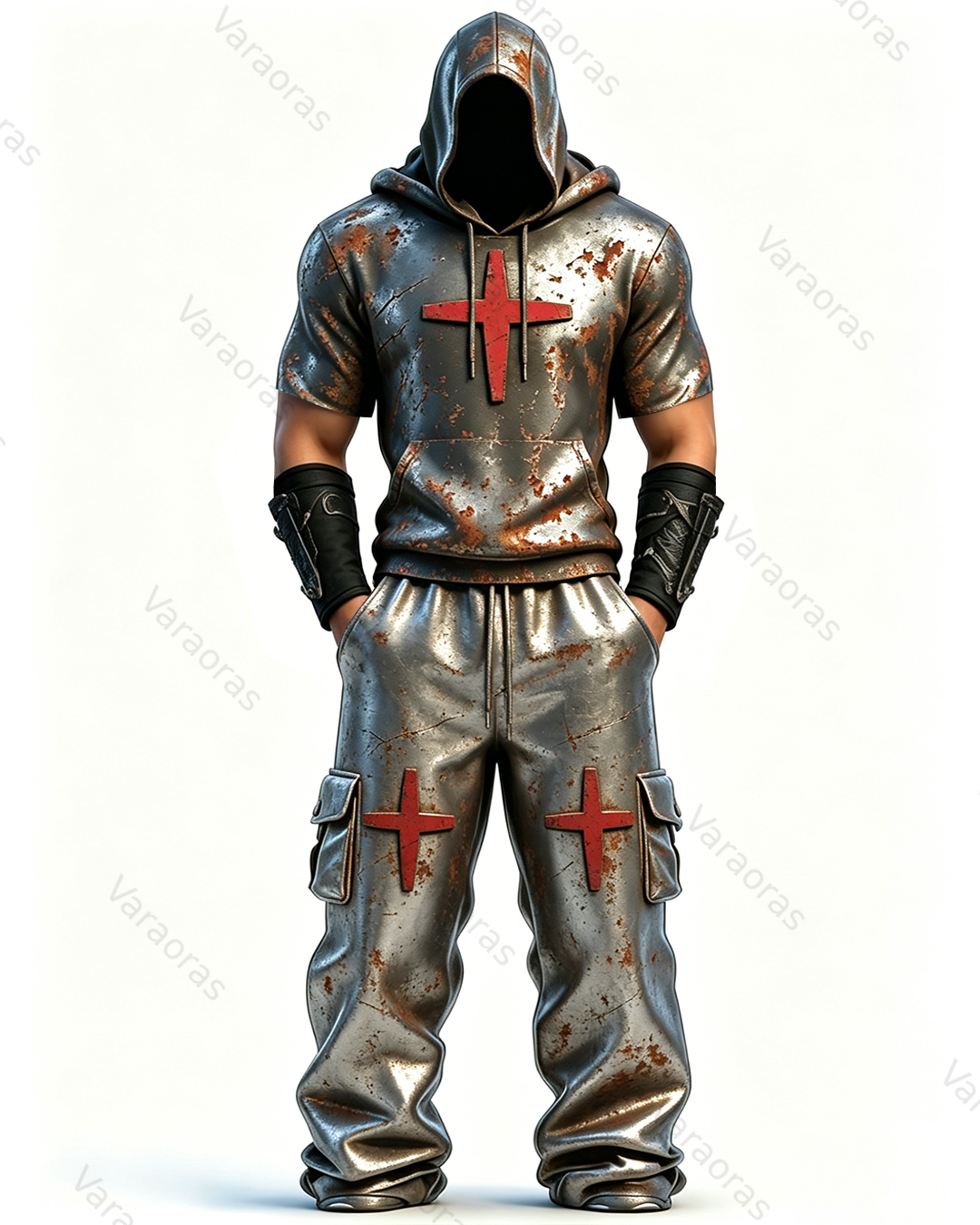 Men's Fashion Vintage Distressed Cross Embroidered Hoodie & Pants Two-Piece Set 7066