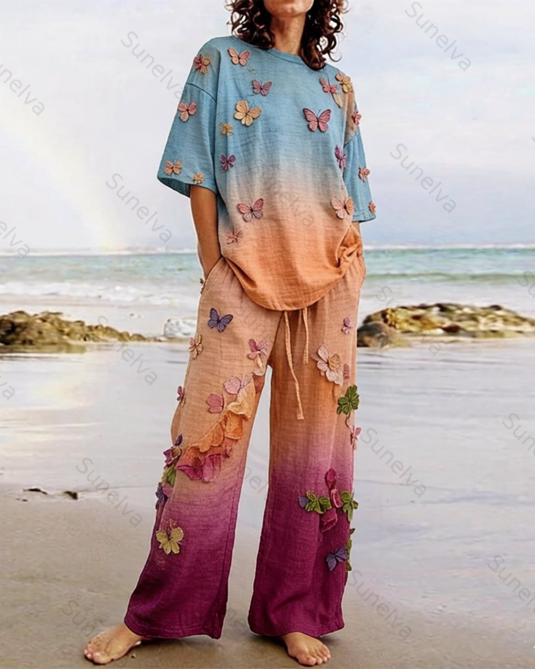 Women's Summer Vacation HUD Embroidered Gradient Linen Short-Sleeve Top & Pants Two-Piece Set  9338