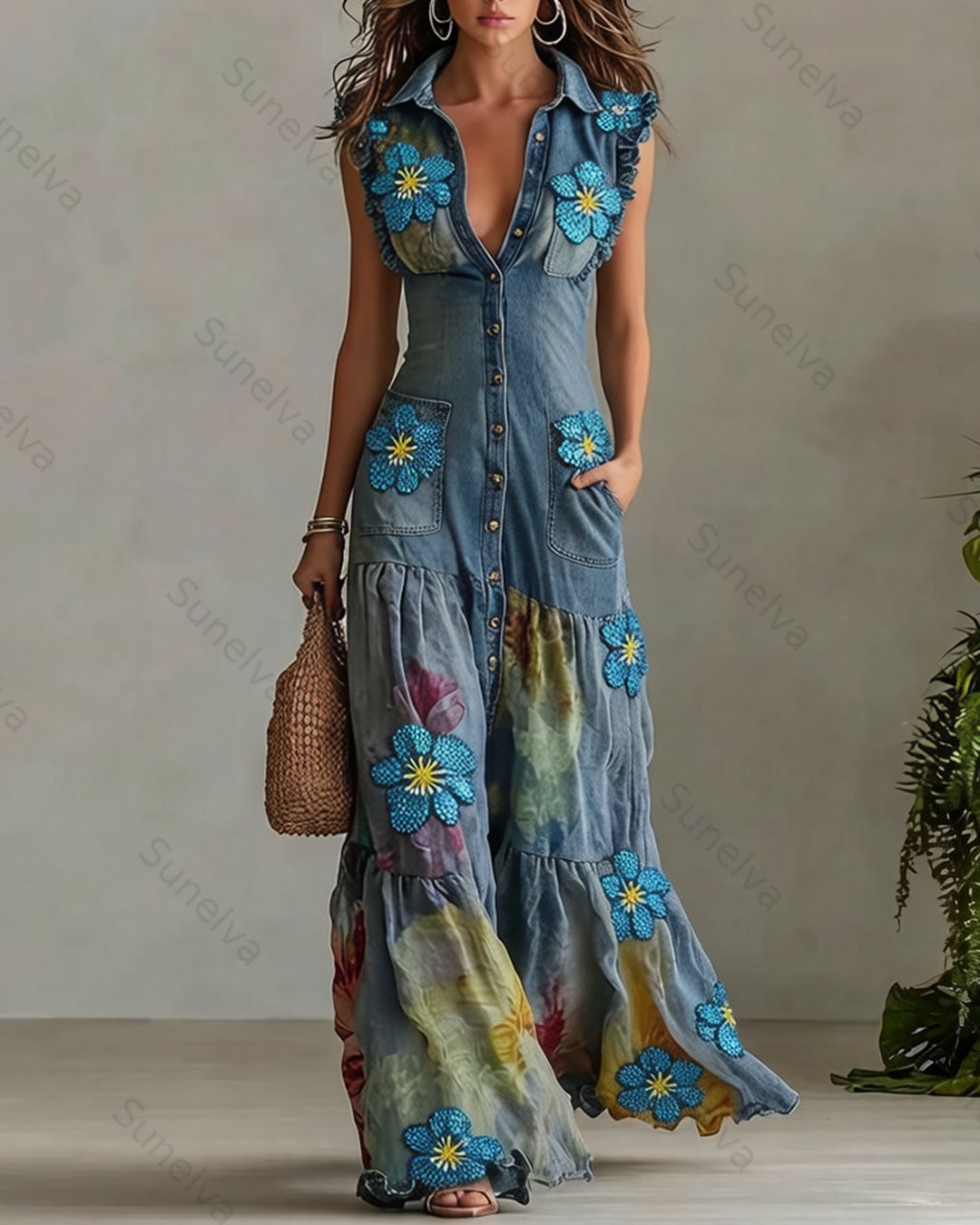 Women's Summer Vacation Floral Beaded Embroidered Patchwork Dress 8253