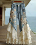 Women's Summer Floral Embroidered Color-Blocked Patchwork Pants 5817