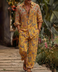 Men's Fashion Color-Blocked Print Long-Sleeve Shirt and Pants Two-Piece Set 7229