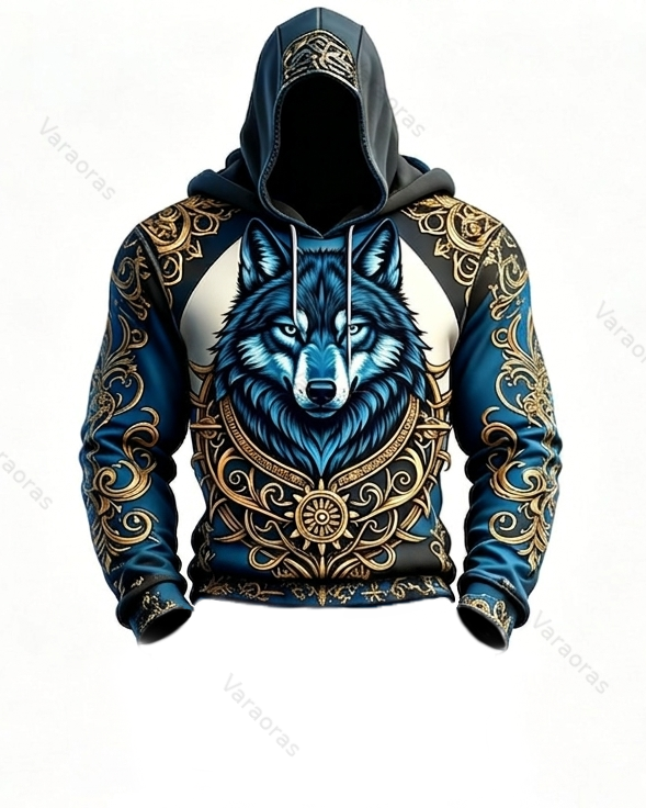 Men's Fashion Viking Contrast Color Wolf Embroidered Hoodie & Pants Two-Piece Set 2222