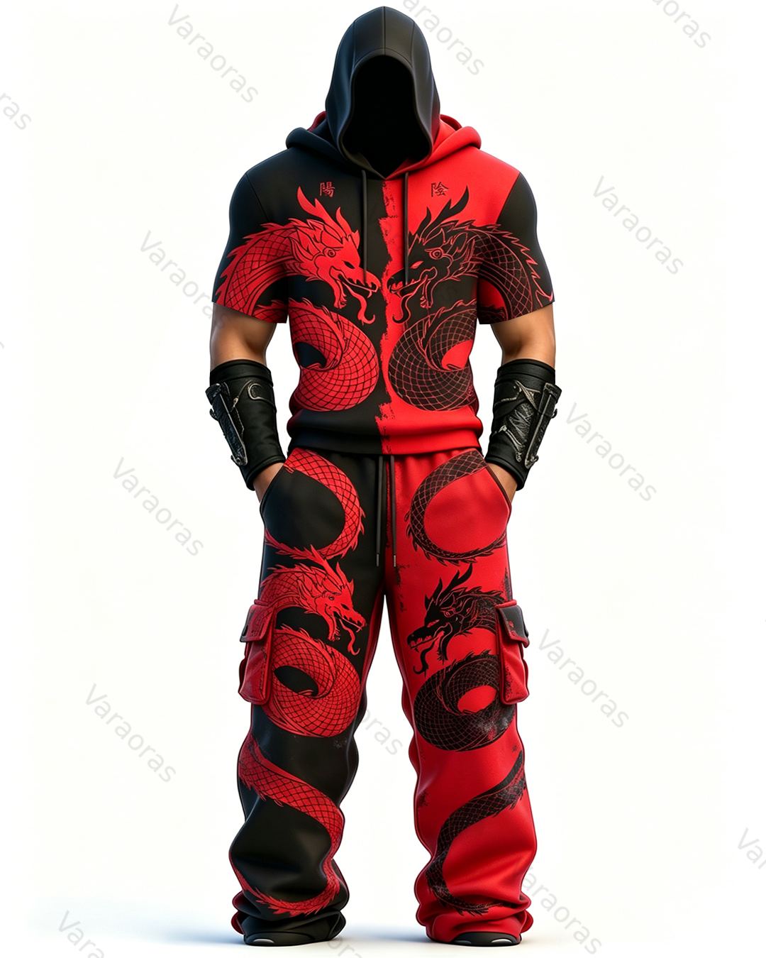 Men's Fashion Contrast Color Twin Dragon Hooded & Pants Two-Piece Set 9365