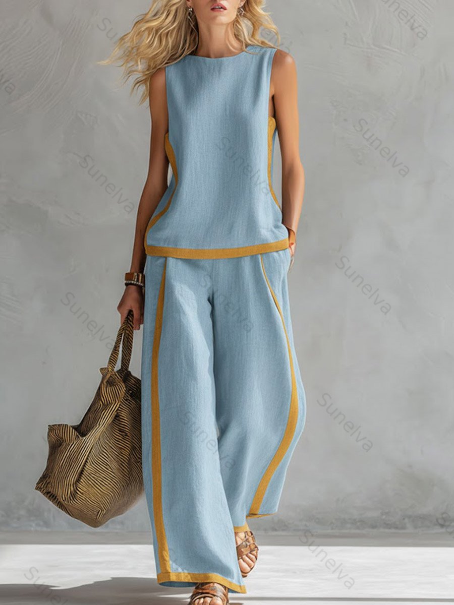 Women's Round Neck Sleeveless Casual Loose Top And High-waisted Loose Wide-leg Pants Cotton And Linen Set. 1c6a