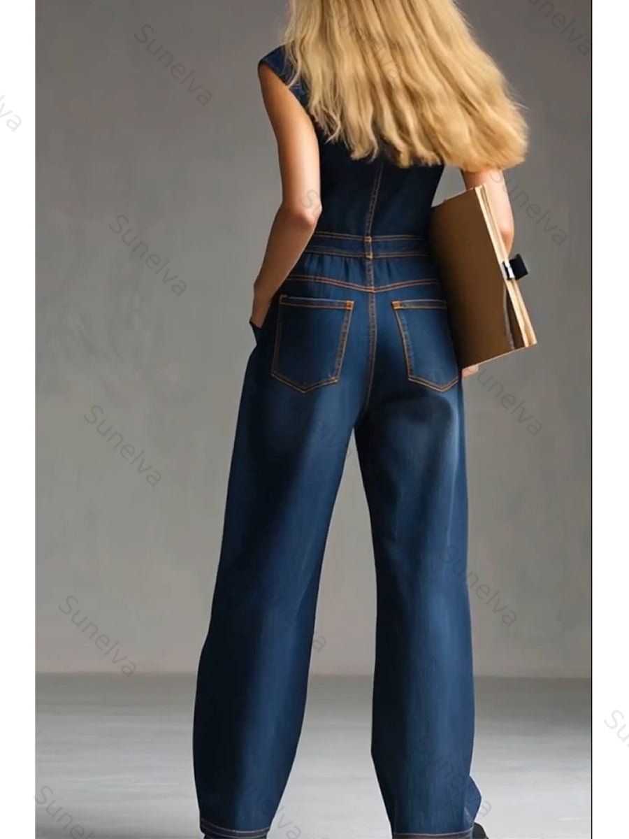 Women's Casual Sleeveless Cotton Denim Jumpsuit ab46