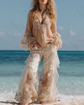 Women's Spring Resort Floral Embroidered Top & Pants Two-Piece Set5195