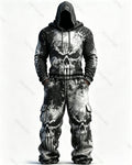 Men's Fashion Viking Contrast Color Skull Embroidered Hoodie & Pants Two-Piece Set 6673