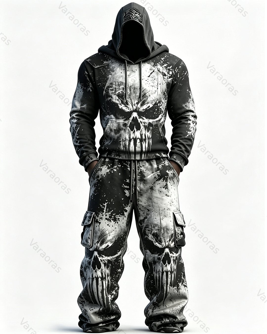 Men's Fashion Viking Contrast Color Skull Embroidered Hoodie & Pants Two-Piece Set 6673