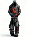 Men's Fashion Vintage Distressed Red Dragon Embroidered Hoodie & Pants Two-Piece Set 3873