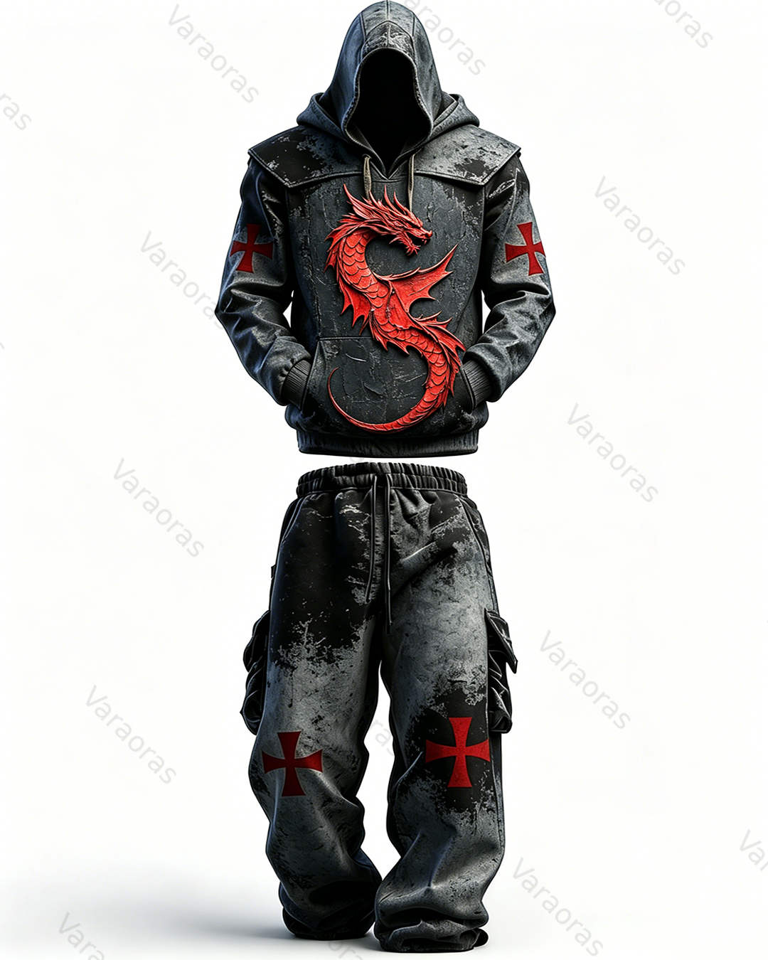 Men's Fashion Vintage Distressed Red Dragon Embroidered Hoodie & Pants Two-Piece Set 3873