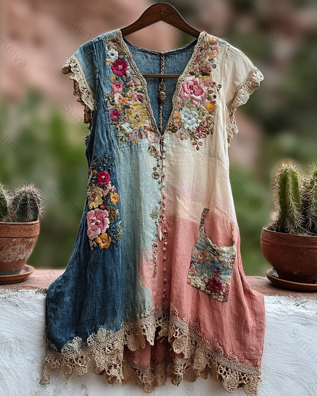 Women's Gradient Lace Patchwork Flowers Embroidery Blouse 2281