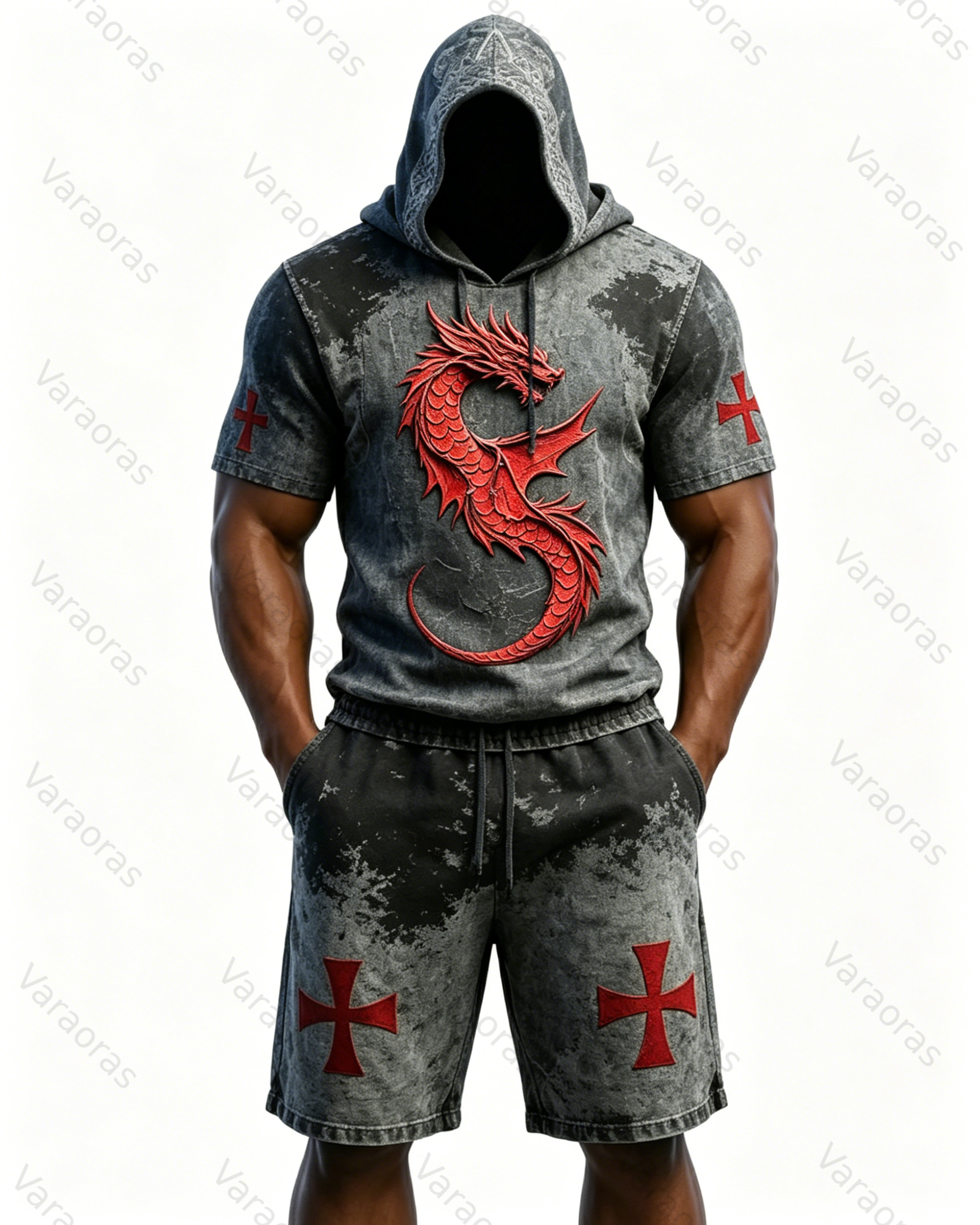 Men's Fashion Vintage Distressed Red Dragon Embroidered Hoodie & Pants Two-Piece Set 3873