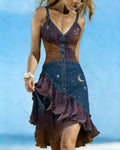 Women's elegant star and moon embroidered irregular ruffle linen patchwork dress 7834