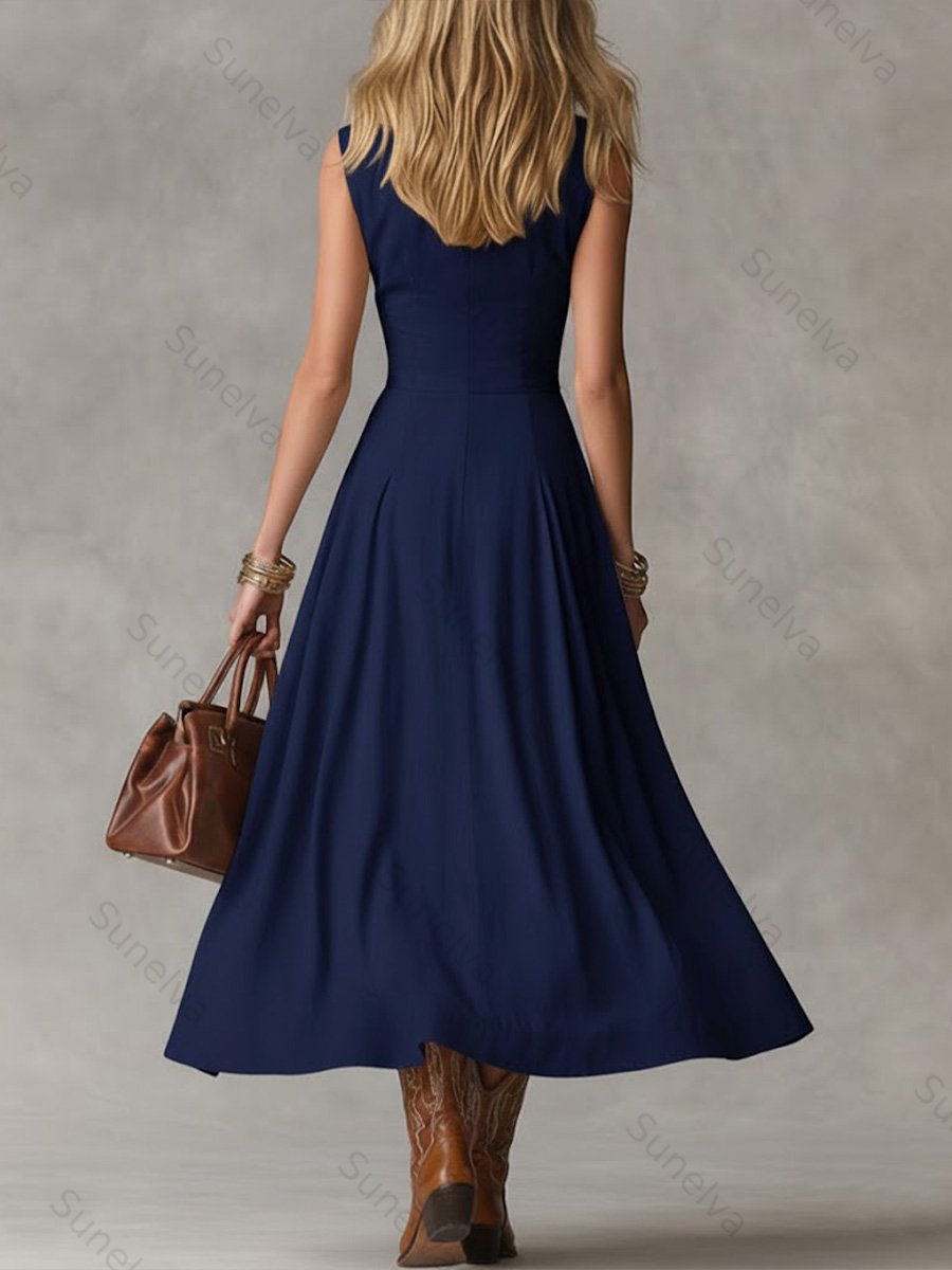 Women's Solid Color Collared Sleeveless Casual Loose Cotton Linen Dress fb7d