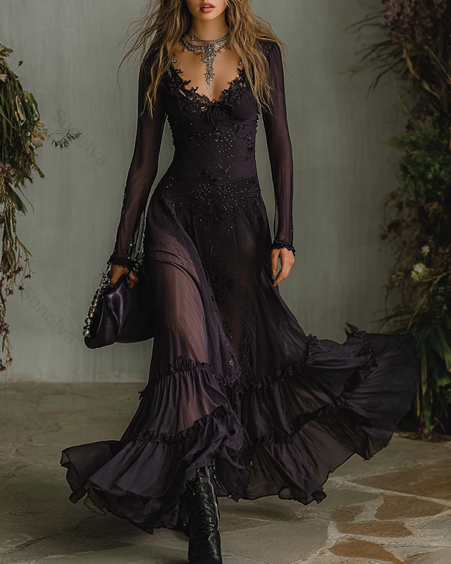 Women's Spring Elegant Irregular Ruffle Lace Patchwork Dress 9302