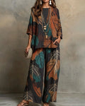 Women's Summer Vacation Retro Leaf Print Linen Short-Sleeve Top & Pants Two-Piece Set  7144