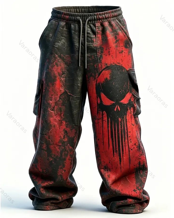 Men's Fashion Vintage Contrast Color Skull Embroidered Hoodie & Pants Two-Piece Set 5721