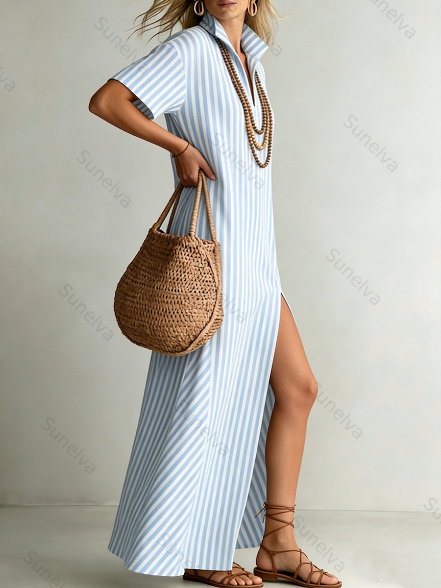 Stylish Stand-collar Striped Loose-fit Cotton-linen Maxi Dress 626e