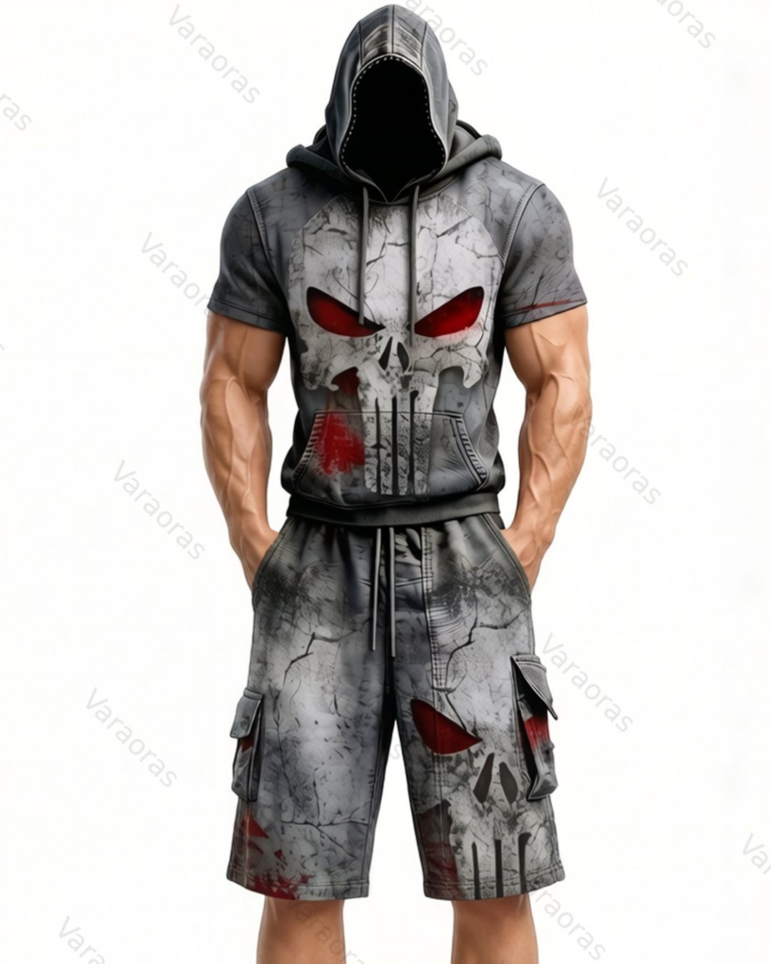 (Short Set) Men's Fashion Skull Contrast Color Embroidered Hoodie & Pants Two-Piece Set 5164