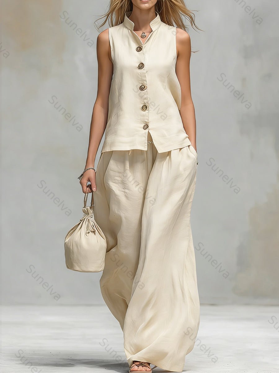 Comfortable And Casual V-neck Sleeveless Button-down Top And Trousers Set 7662