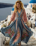 Women's Vacation Flowers Embroidery Linen Patchwork Dress 5167