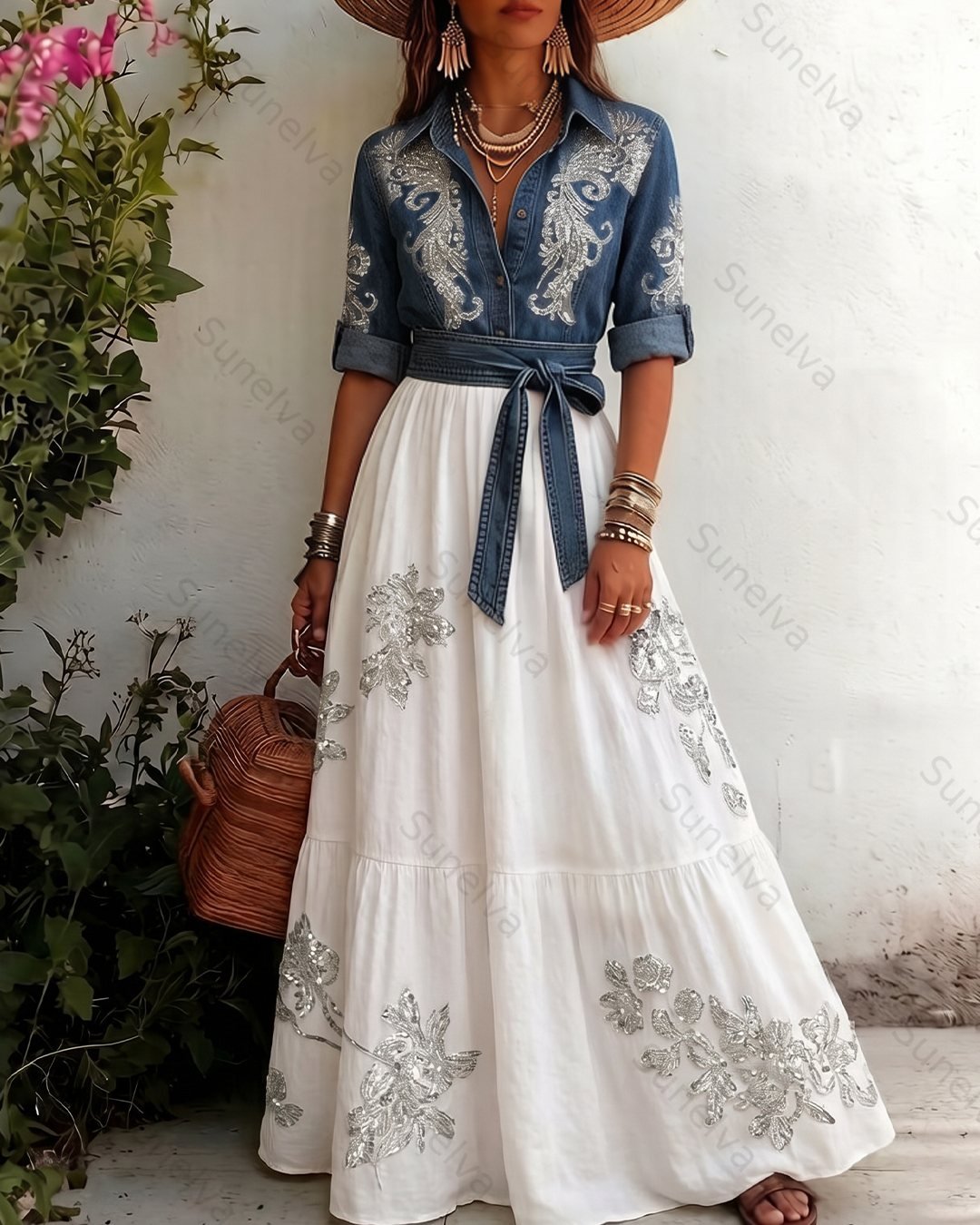 Women's Summer Floral Embroidered Washed Denim Shirt & Skirt Two-Piece Set  2539