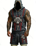 Men's Summer Outdoor Sports Viking Wolf Embroidered Hooded Sleeveless Top & Shorts Two-Piece Set 8396