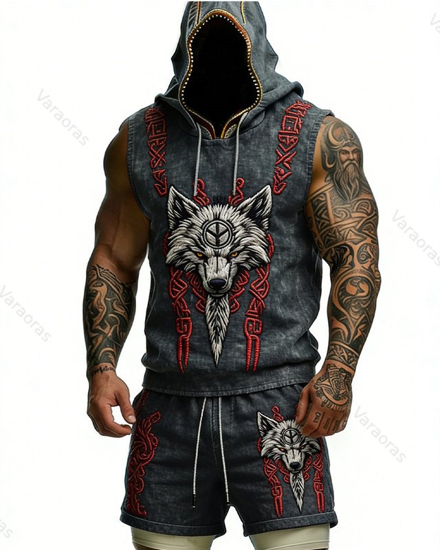 Men's Summer Outdoor Sports Viking Wolf Embroidered Hooded Sleeveless Top & Shorts Two-Piece Set 8396