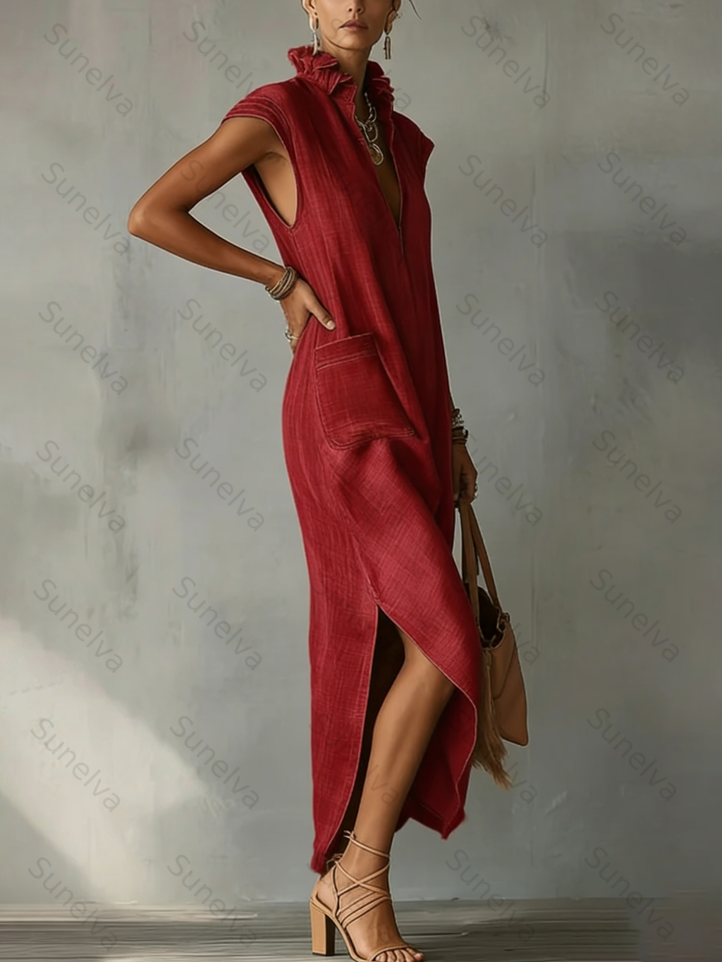 Women’s Ruffle Collar Cotton Linen Midi Dress – Elegant Summer Dress 5a17