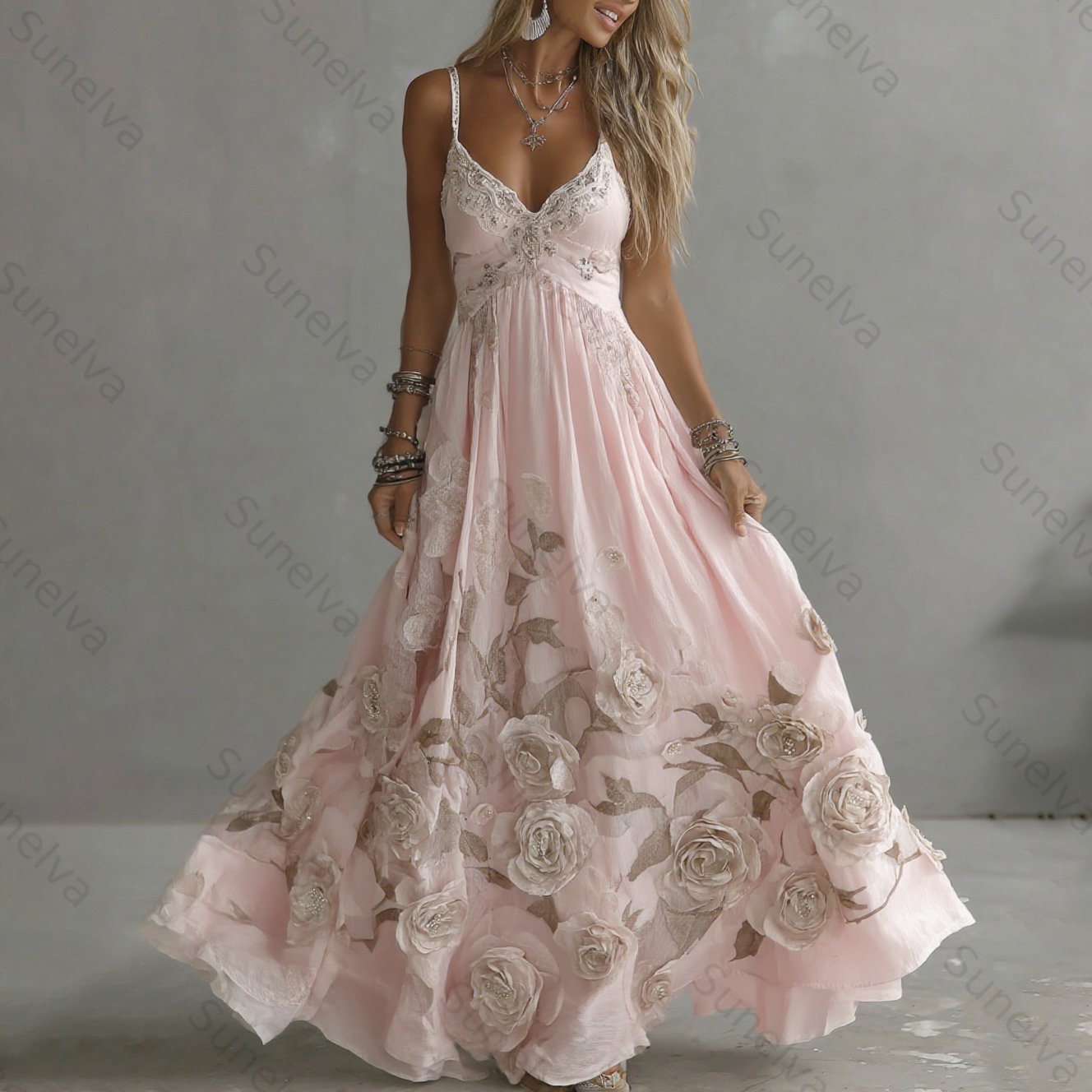Women's Vintage Rose Embroidery Art V-neck Suspender Maxi Dress 4335