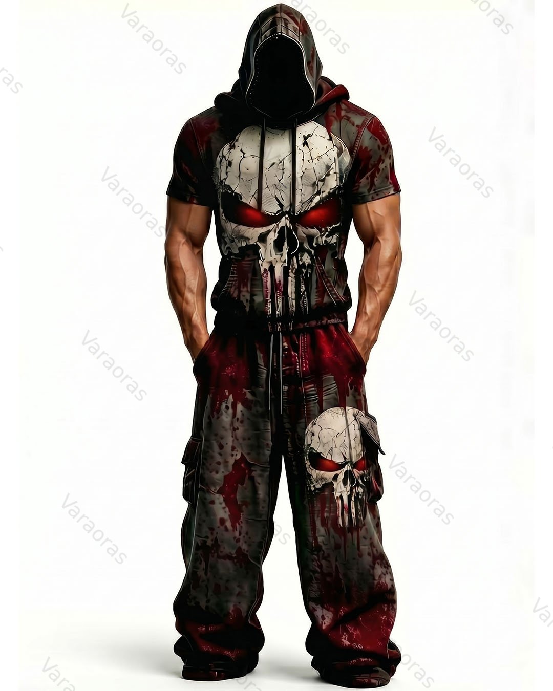 Men's Fashion Skull Contrast Color Embroidered Hoodie & Pants Two-Piece Set 6965