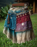 Spring/Summer Bohemian Style Color Block Denim Linen Skirt4528