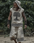 Men's Viking-Style Fashion Contrast-Color Embroidered Hooded Sleeveless Top & Shorts Two-Piece Set 1230