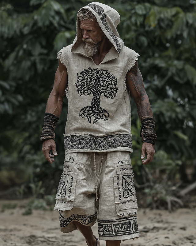 Men's Viking-Style Fashion Contrast-Color Embroidered Hooded Sleeveless Top & Shorts Two-Piece Set 1230