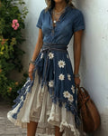 Women's Summer Floral Embroidered Washed Denim Dress 7281