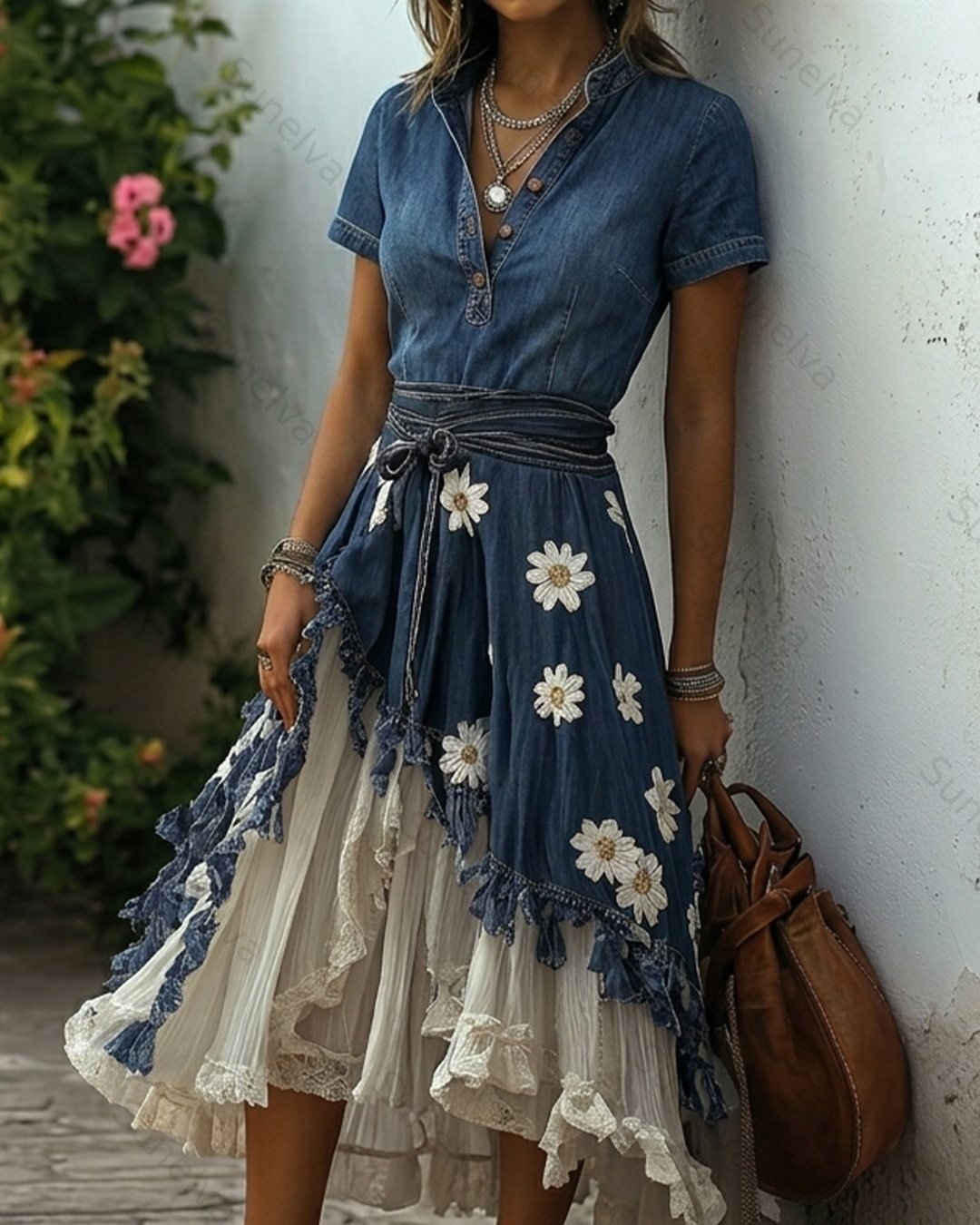 Women's Summer Floral Embroidered Washed Denim Dress 7281