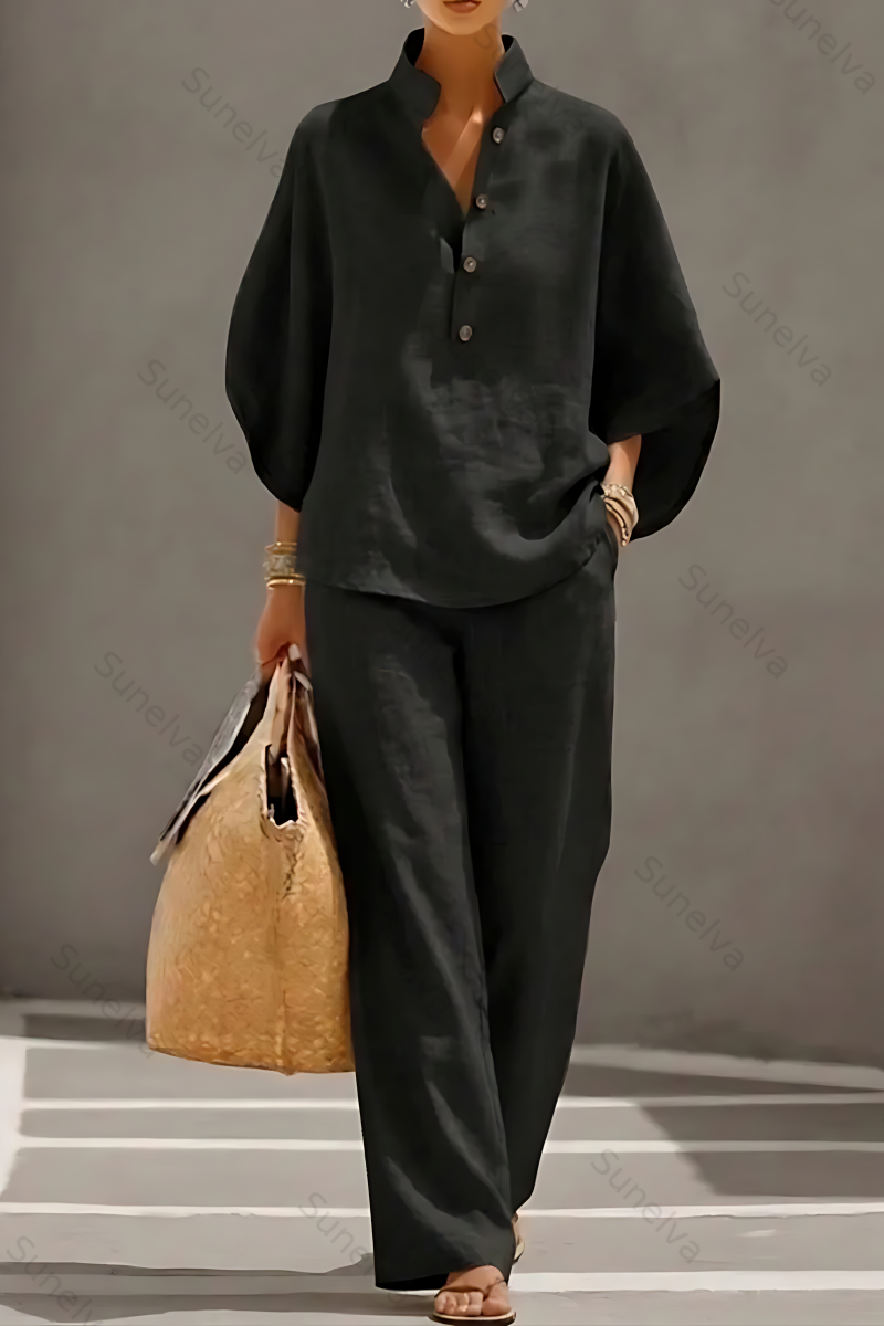Women’s Batwing Sleeve Linen Cotton Two-Piece Set – Casual Shirt & Wide Leg Pants Outfit 2924
