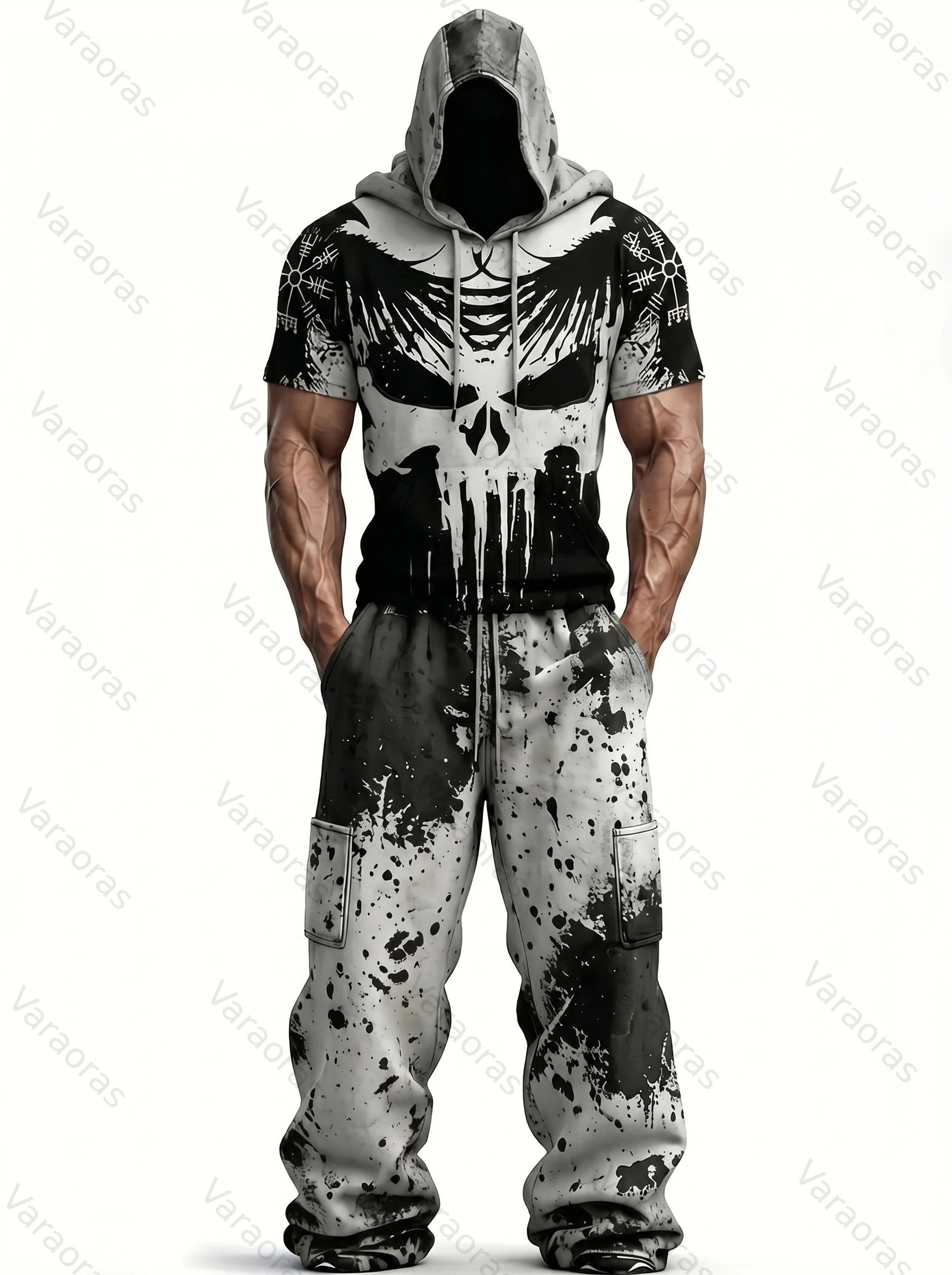 Men's Fashion Viking Contrast Color Embroidered Hoodie & Pants Two-Piece Set 4050