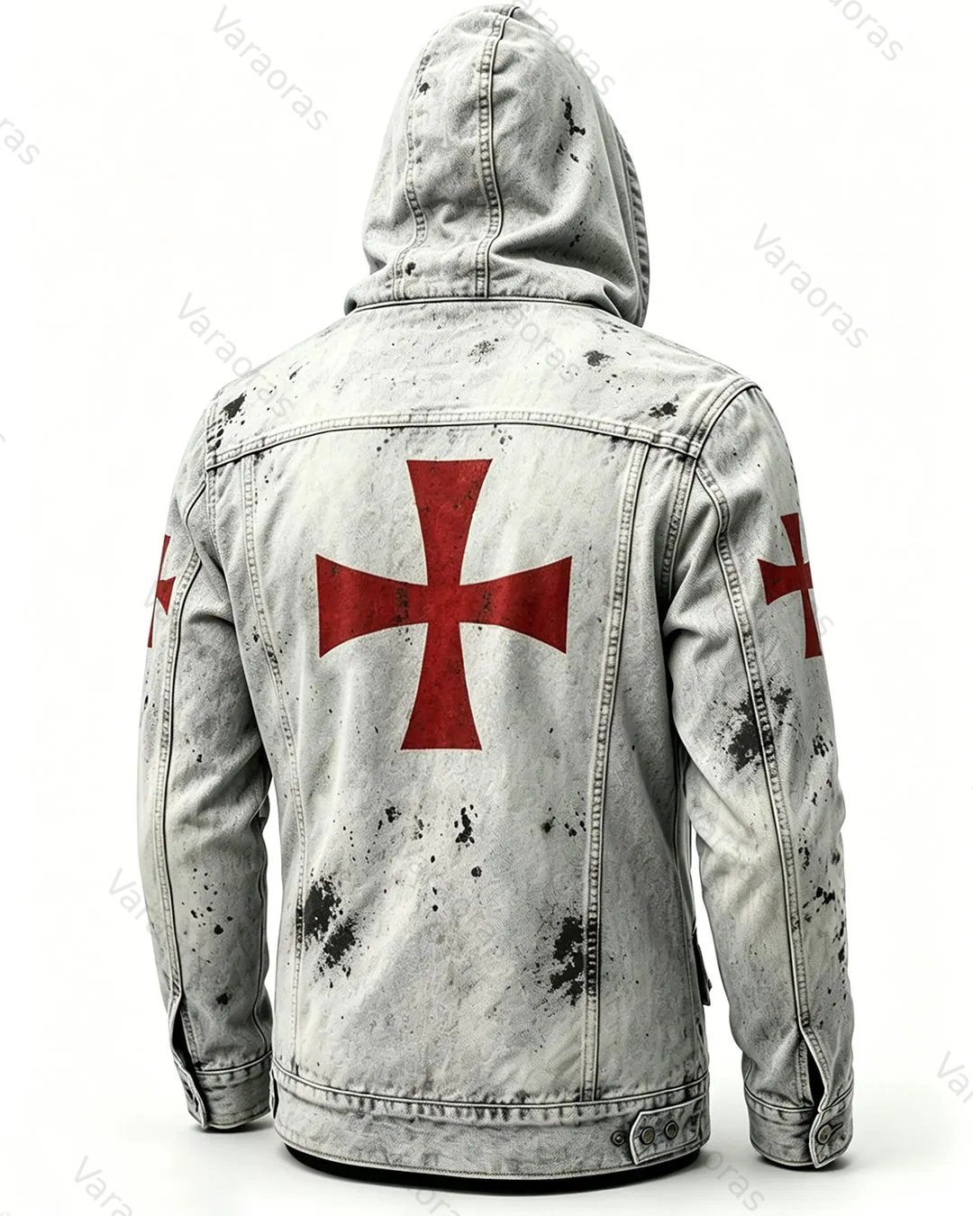 Men's Retro Fashion Red Cross Print Cotton Linen Hooded Zipper Jacket 9630