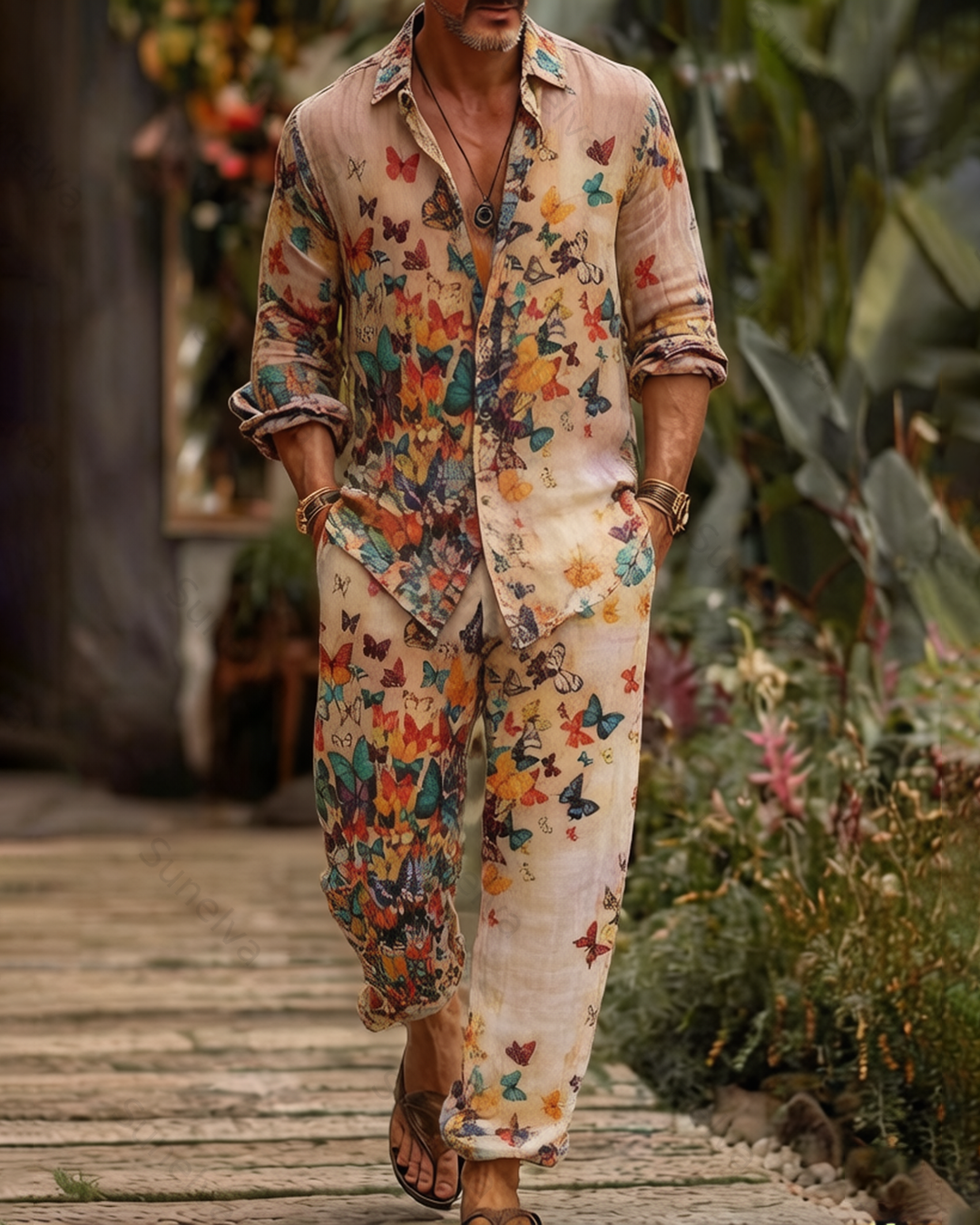 Men's Fashion Color-Blocked Print Long-Sleeve Shirt and Pants Two-Piece Set 3549
