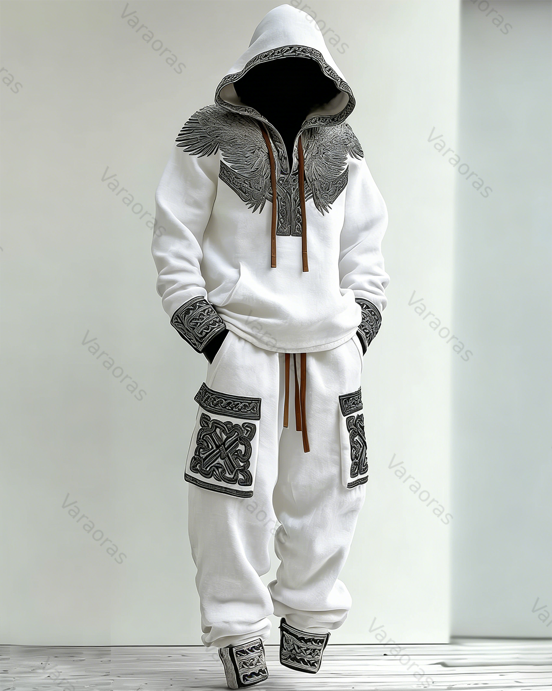 Men's Fashion Viking Linen Hoodie and Pants Two-Piece Set 2951