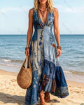 Women's Summer Floral Embroidery Patchwork Linen Dress 3962