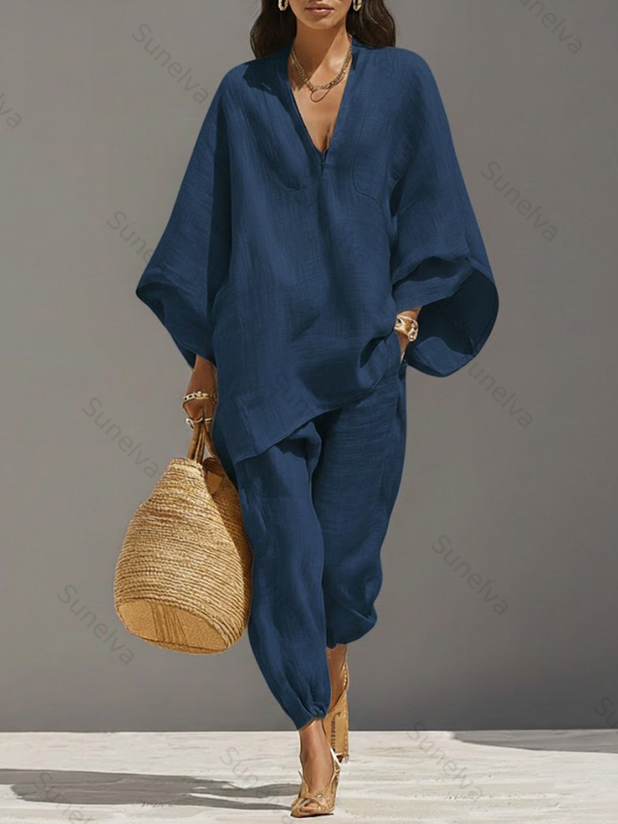 Women's Solid Color V-neck Long Sleeve Casual Loose Cotton Linen Top With Elastic Waist And Wide-leg Pants Set 4aad