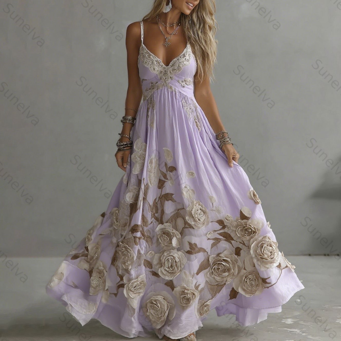 Women's Vintage Rose Embroidery Art V-neck Suspender Maxi Dress 4335