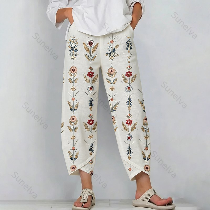 Women's Retro Bohemian Floral Pattern Casual Linen Capri Pants c4cb