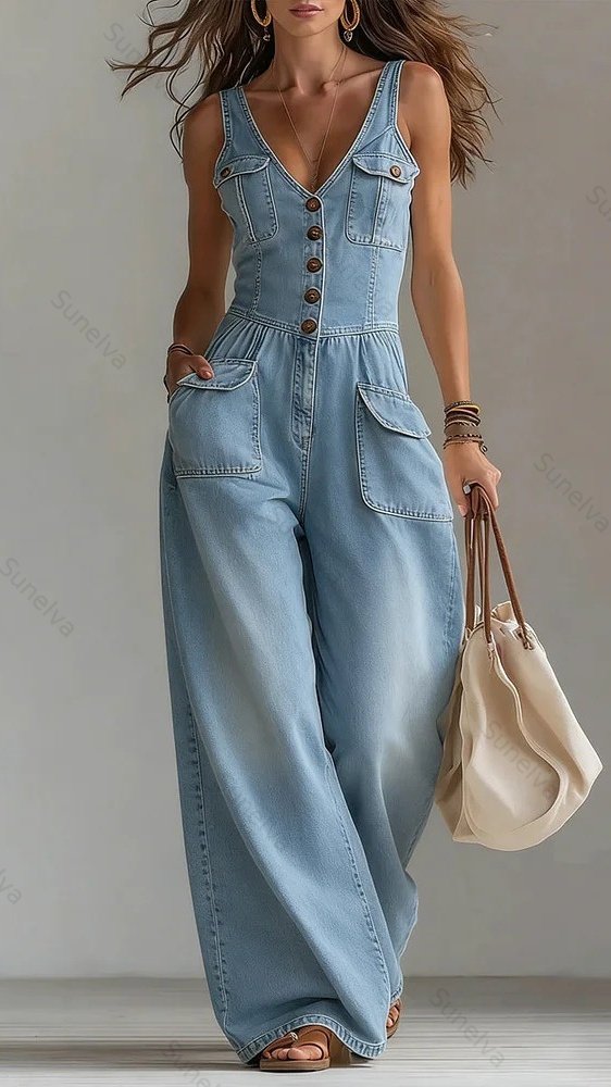 Women's Washed Denim Loose-Fit Sleeveless Jumpsuit with Straps 5e3e
